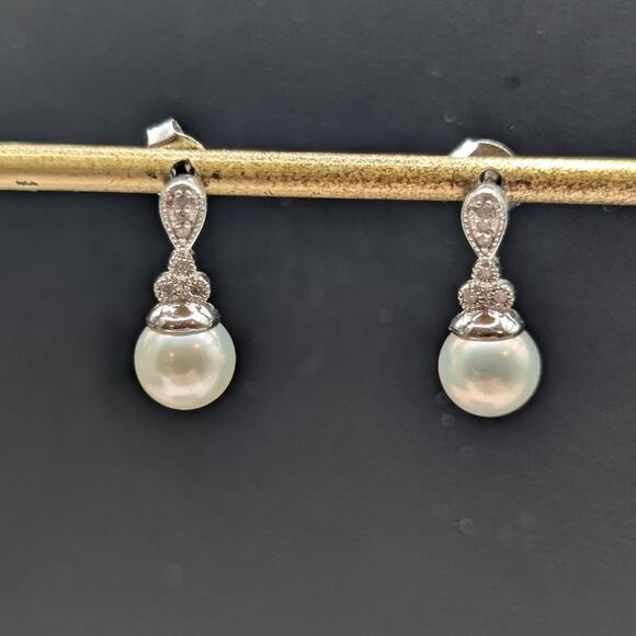 AFJC 925 Sterling Genuine Pearl White Sapphire Drop Earrings - Picture 6 of 6